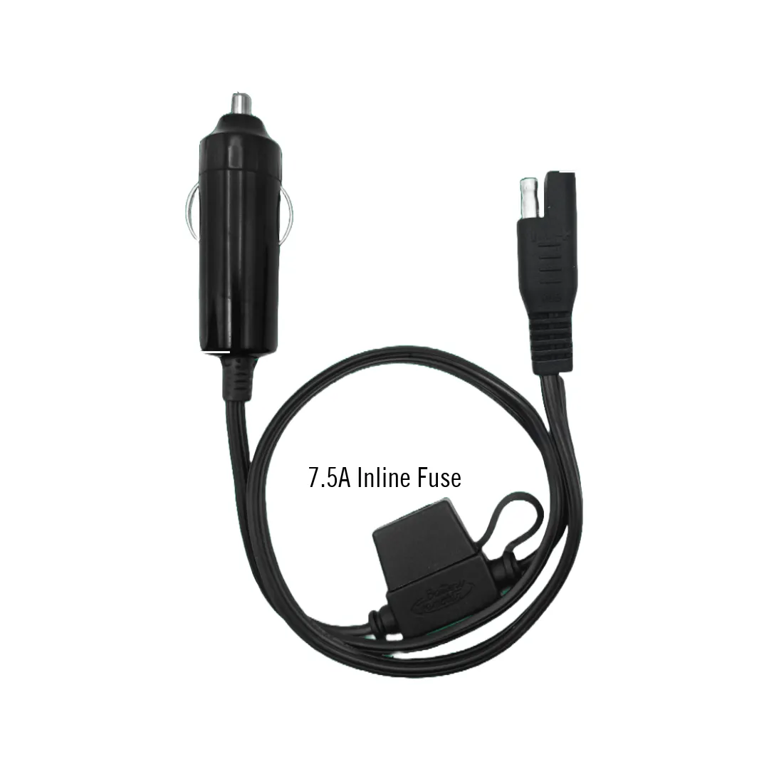 Battery Tender's 12 V outlet adapter: a black accessory-socket plug on a looped lead with an inline fuse holder and a two-pin quick-disconnect plug at the other end.