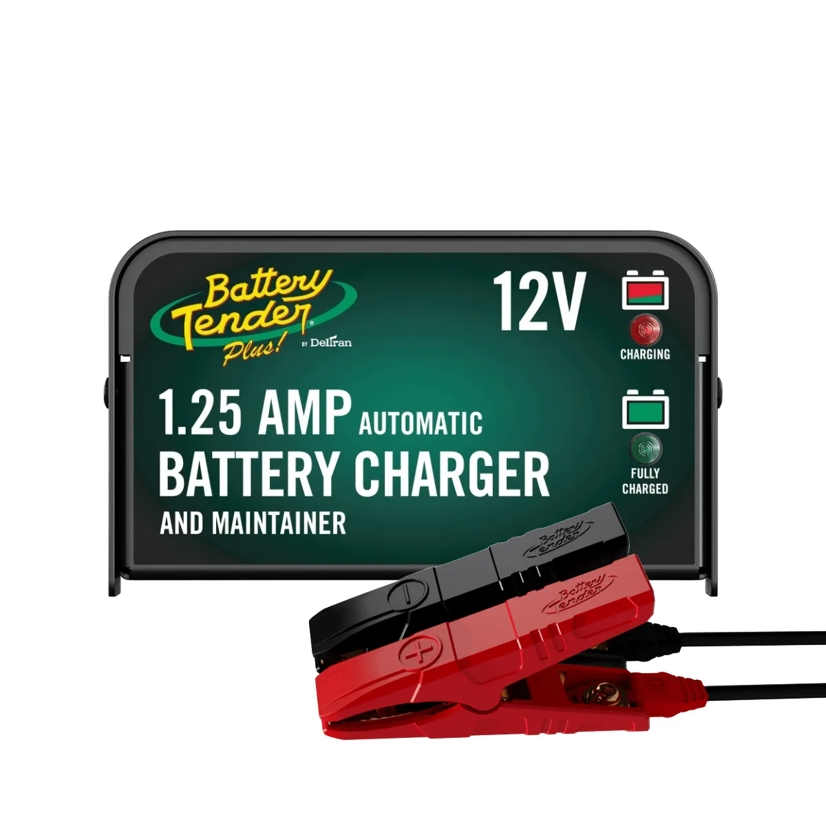 A Battery Tender Plus 1.25 amp charger with a green face and charging and fully charged lights, with red and black alligator clips in front.