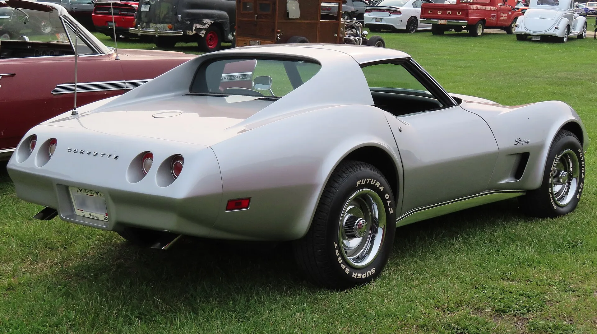 The rear of a silver 1974 Corvette Stingray coupe parked on grass, showing the body-color rear bumper and four round taillights.