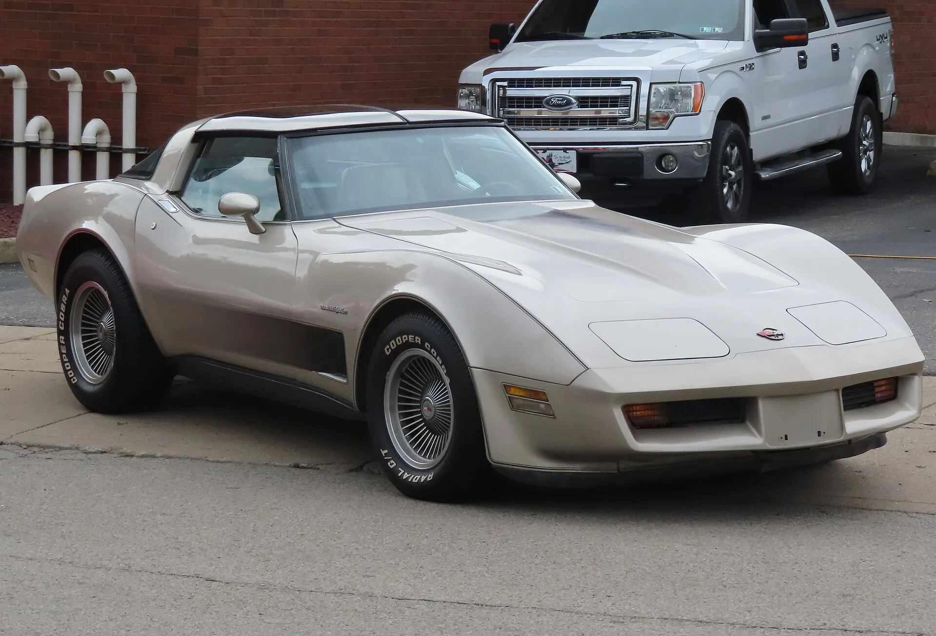 A silver-beige 1982 Corvette Collector Edition coupe with darker side graphics and multi-spoke wheels, seen from the front right.