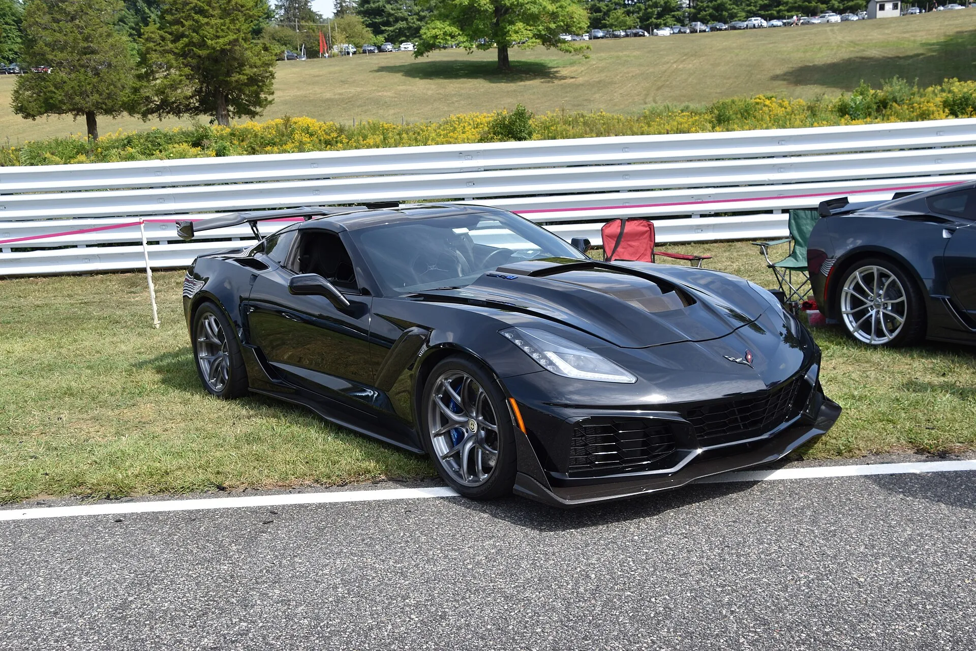 Black 2019 Chevrolet Corvette ZR1 coupe with a tall rear wing and gray wheels, parked on grass beside a racetrack barrier.