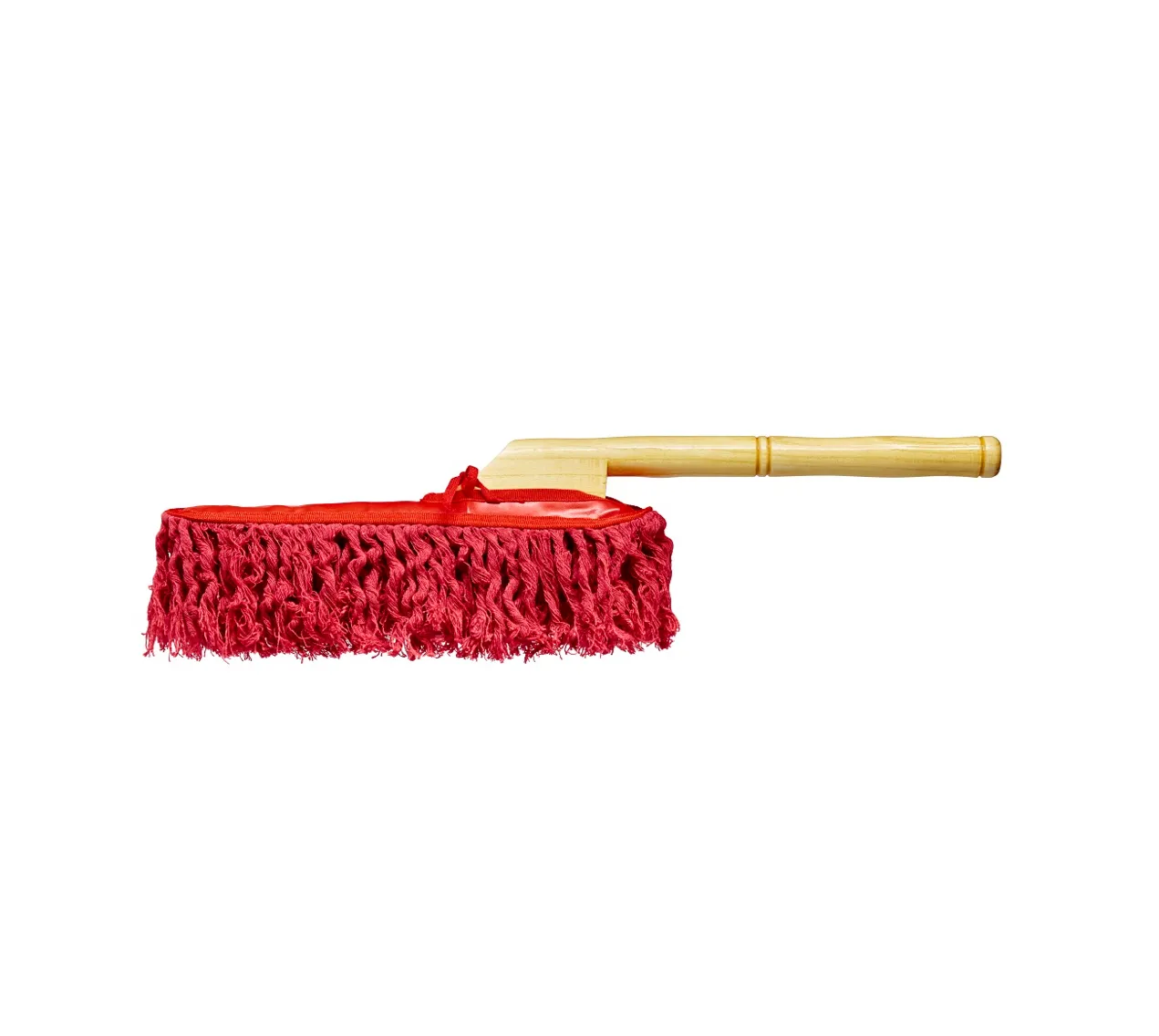 A California Car Duster: a red cotton mop head on a light wooden handle.