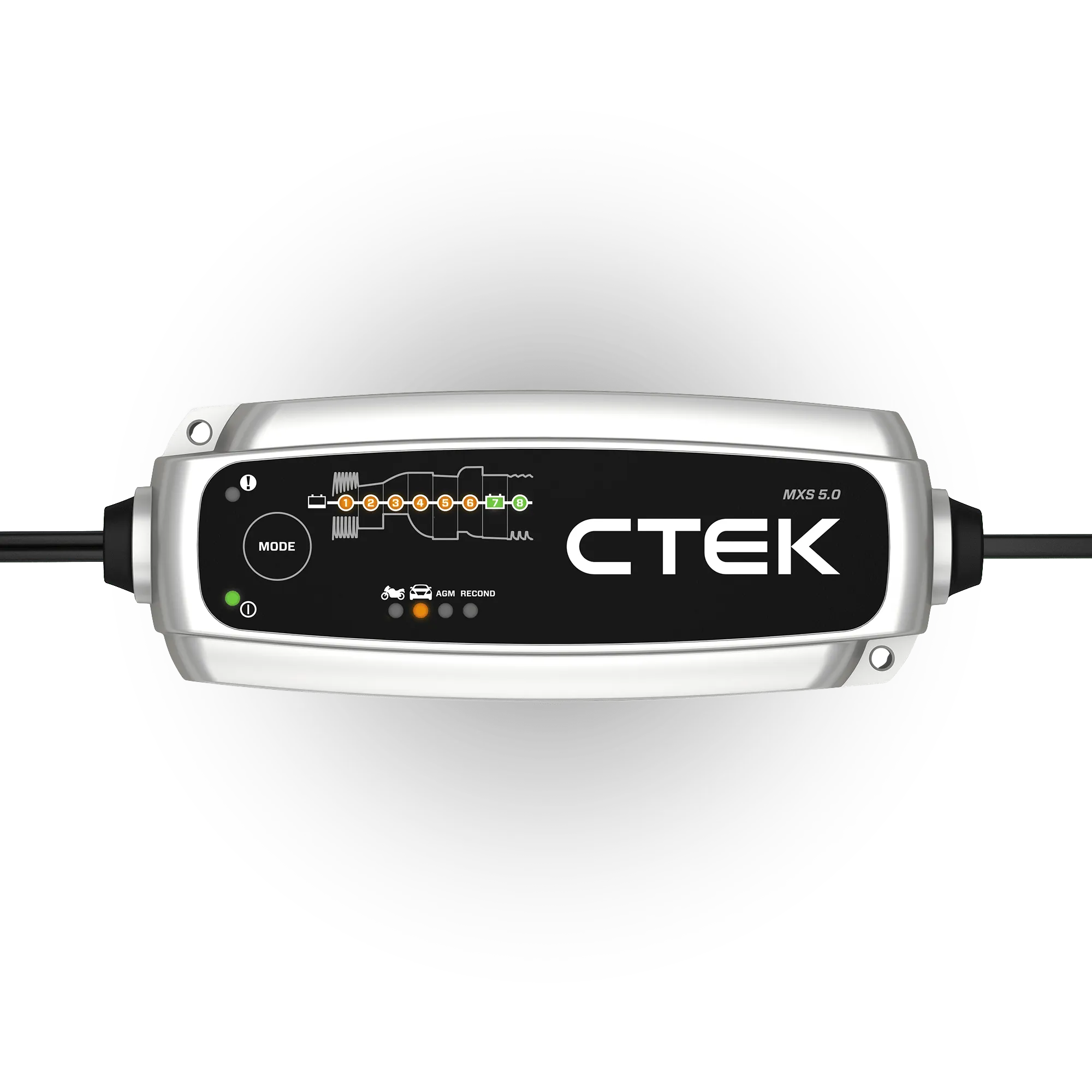 A CTEK MXS 5.0 battery charger: a silver and black unit with a mode button, a row of charge-step lights and AGM and Recond indicators, cables leading out both ends.